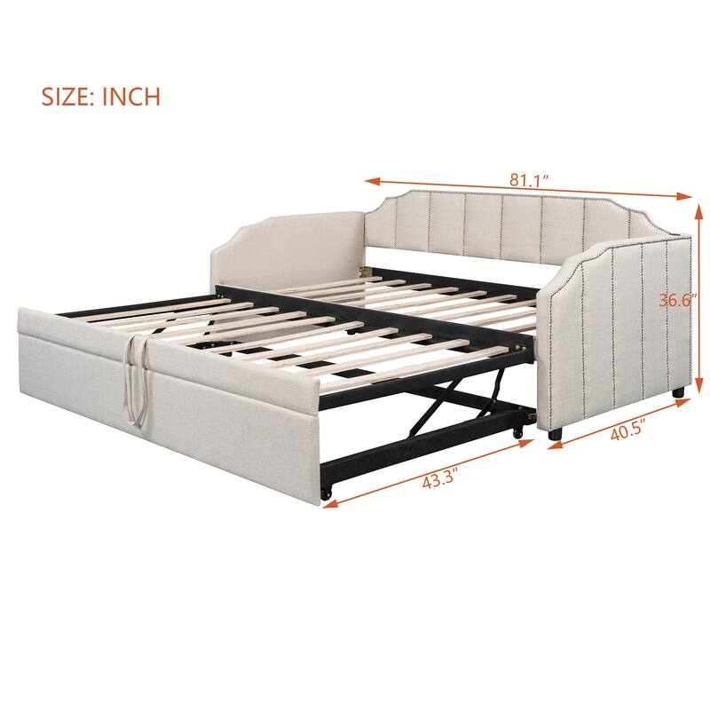 Twin Size Upholstered Daybed with Pop-Up Trundle & USB Charging Ports