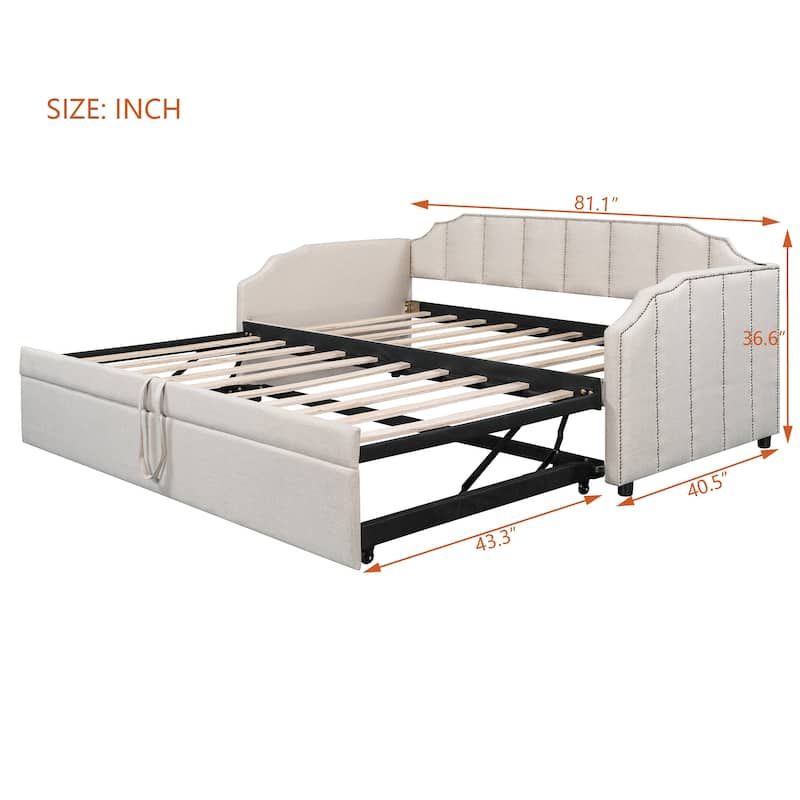 Twin Upholstered Daybed with Pop-Up Trundle, USB Charging Ports, Convertible Sofa Bed