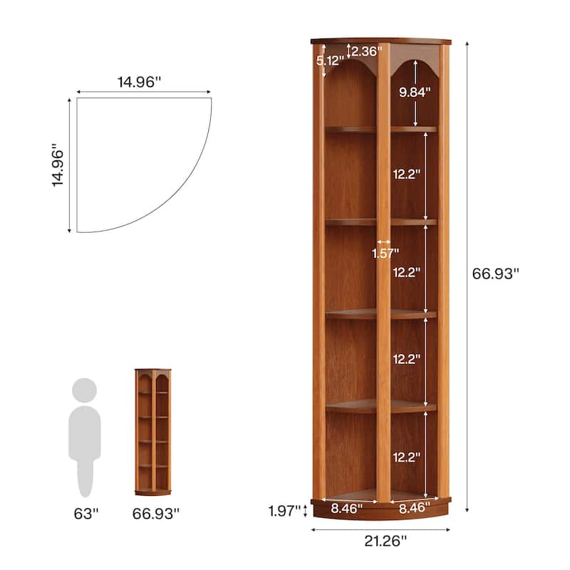 5-Tier Corner Shelf Tall Bookshelf Bookcase - 14.96"D x 14.96"W x 66.93"H