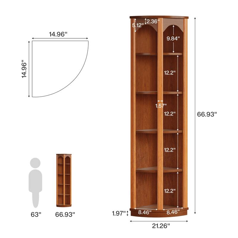 67 Inches Tall Corner Bookshelf 5-Tier Bookcase for Living Room - 14.96"D x 14.96"W x 66.93"H