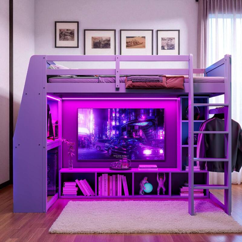 Twin/Full Size Gray Gaming Loft Bed with Desk, Storage Cabinets, LED Lighting & Hanging Clothes Rack