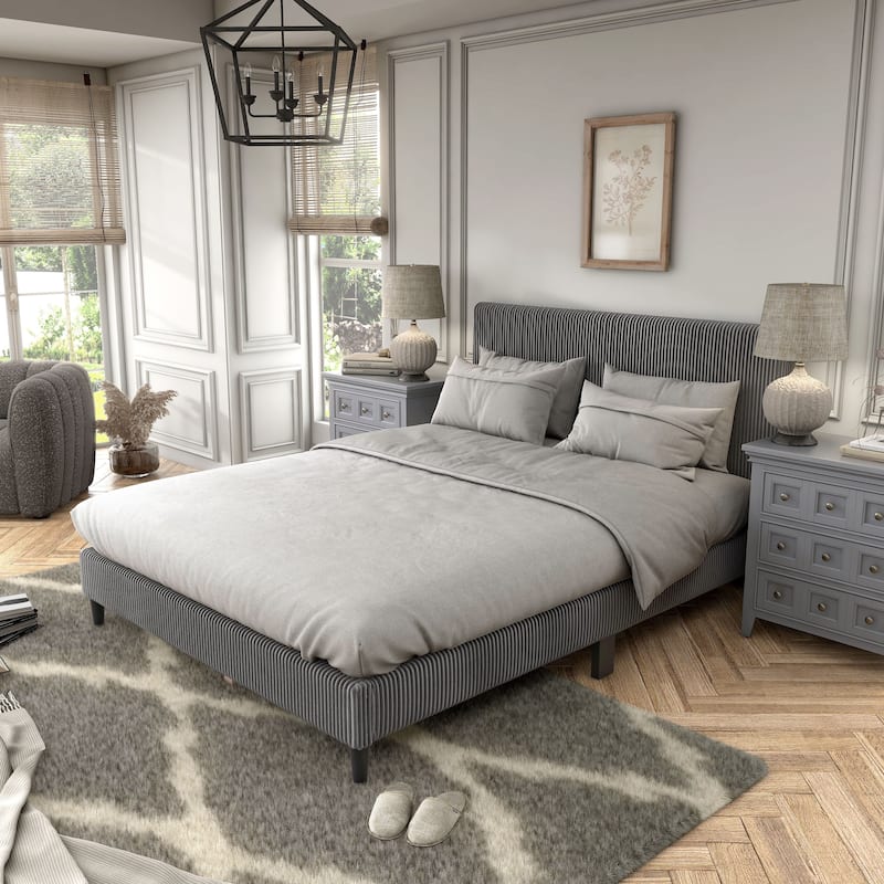 Furniture of America Modern Corduroy Queen Size Platform Bed, No Box Spring Needed