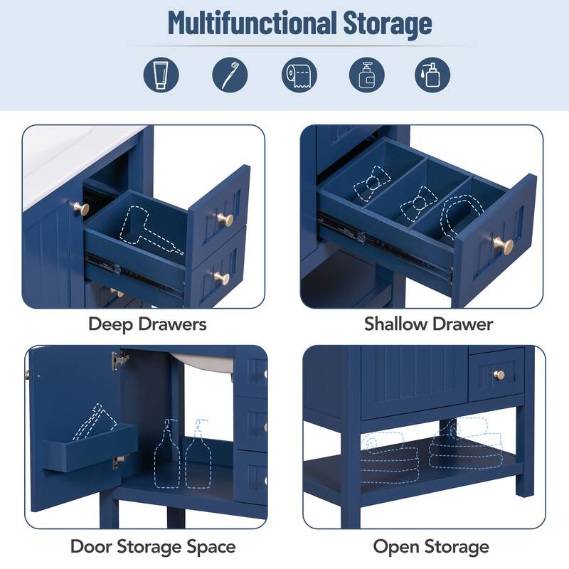 30-Inch Bathroom Vanity with Ceramic Sink, Elegant Transitional Design, Soft-Close Doors & Drawers for Efficient Storage