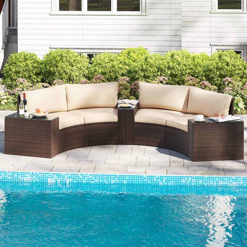 5-Piece Rattan Sectional Half-Moon Outdoor Patio Furniture Set with Beige Cushions and Glass Tables - Multi
