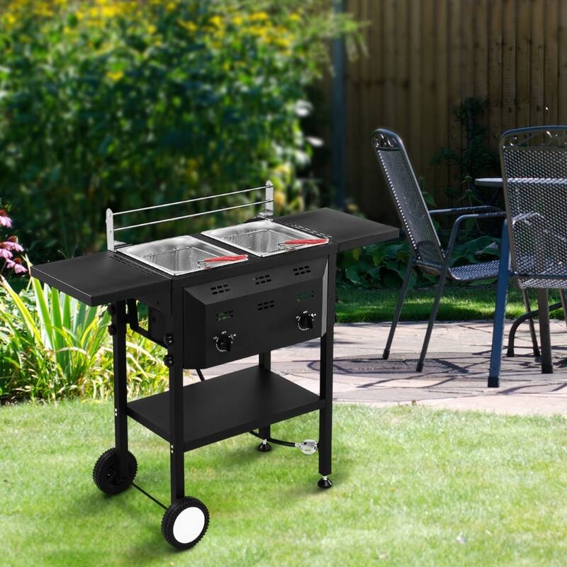 Propane Deep Fryer In Black With Rolling Cart And Storage Shelves For Outdoor Backyard Cooking Frying - N/A