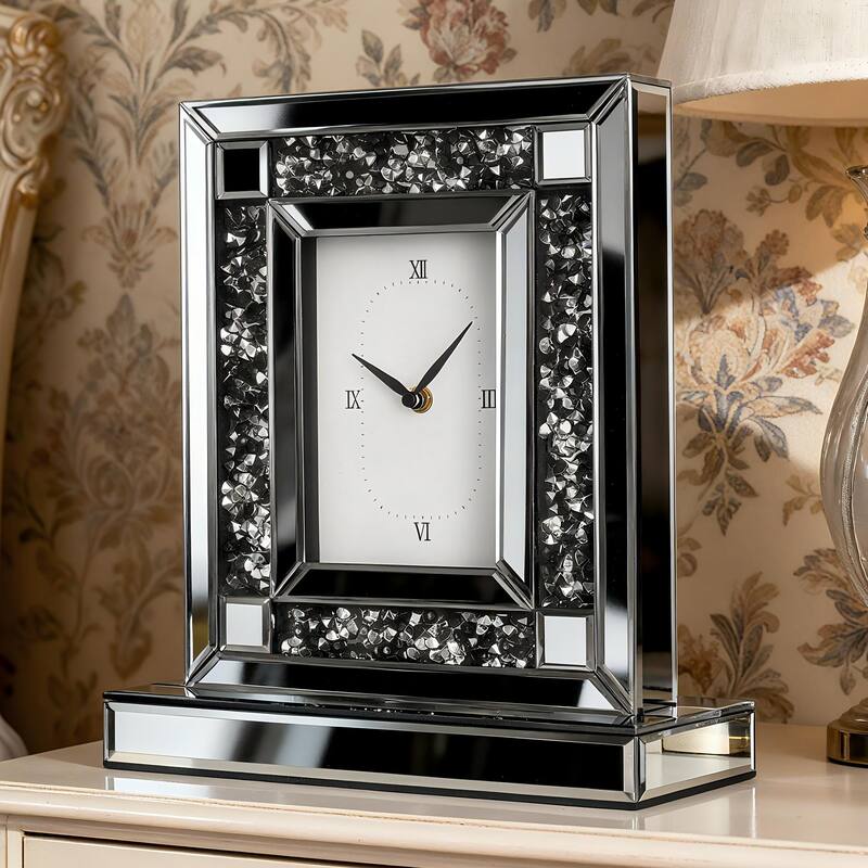 Mirrored Crushed Diamond Table Clock - Black