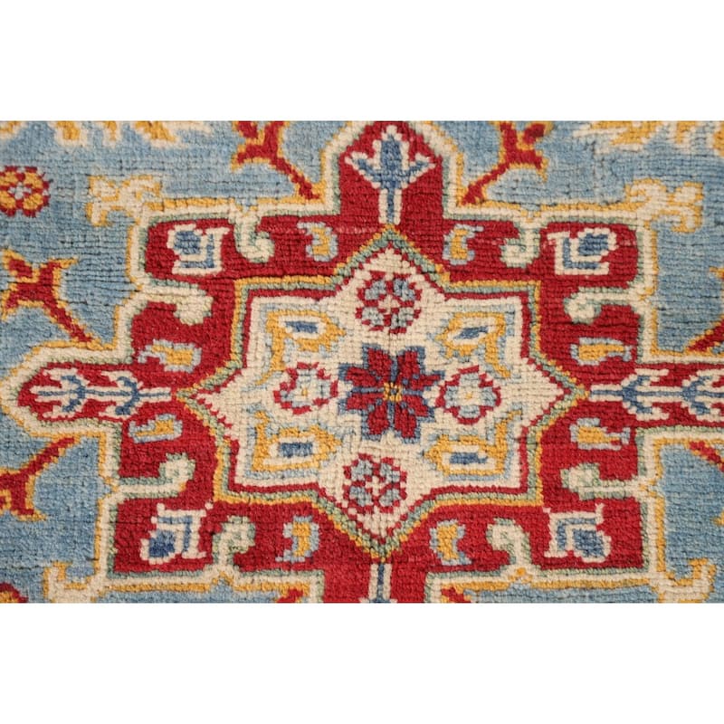 Light Blue Kazak Accent Rug Hand-Knotted Geometric Wool Carpet - 3'4"x 4'11"