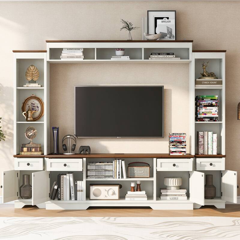 4-Piece Entertainment Center Wall Unit Set with Bridge for TVs Up to 70'', TV Stand W/Adjustable Shelves, Large Media Console