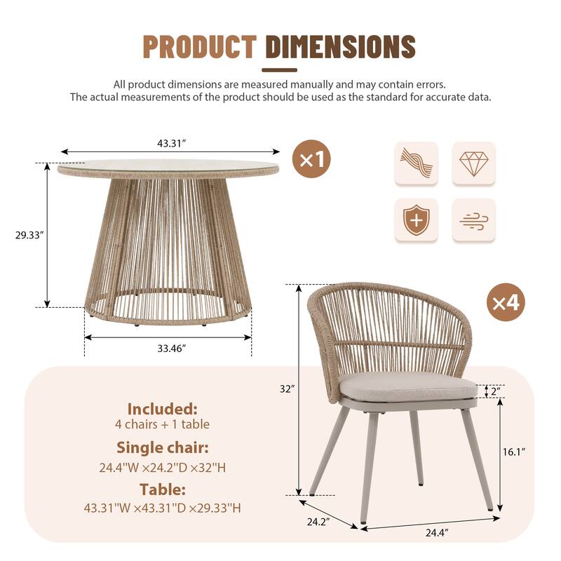 5 Pieces Outdoor PE Rattan Patio Dining Set with Round Tempered Glass Table