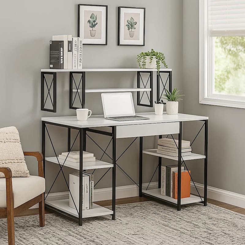 Industrial Style Desk with 4 Open Selves and Bookcase Hutch, White