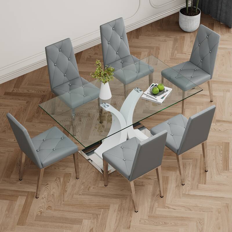 Modern Style Glass Table,Durable Support Base,Dining Chair Set For Restaurant Kitchens(Set of 7)