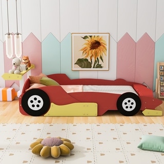 Red Full Size Car-Shaped Platform Bed with Hidden Storage Shelf and ...