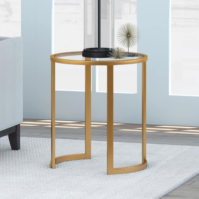 Clear Glass Round End Table with Sled Steel Base - 20” x 20” x 22” (D x W x H)