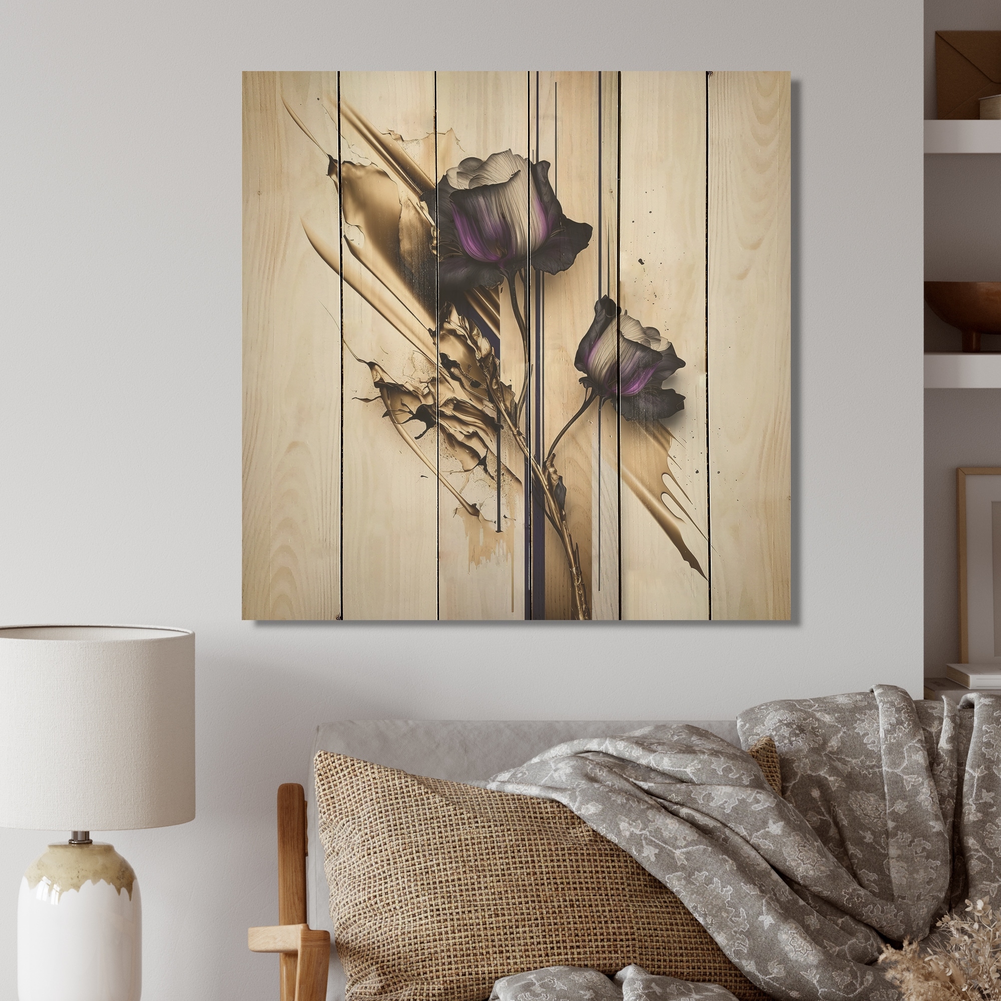 Designart 'Purple Flower Flower On Abstract Paint II' Floral Wood Wall Art  Natural Pine Wood Bed Bath  Beyond 37860815