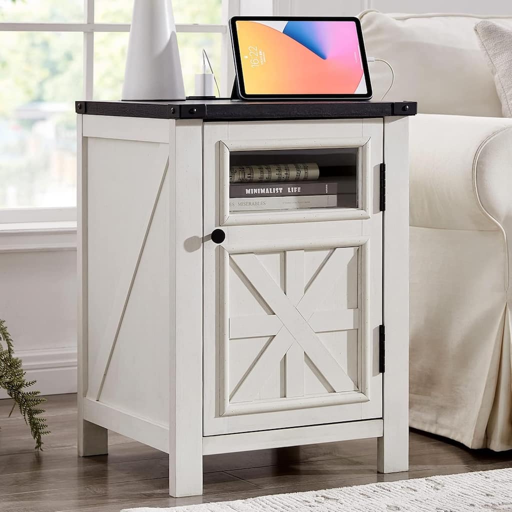Farmhouse Nightstand with Charging Station, End Table with Barn Door
