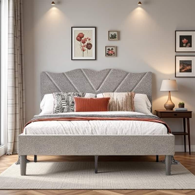 Queen Size Upholstered Bed Frame with Wooden Slats, Padded Headboard, Heavy-Duty Support, No Box Spring Required - Full Grey - Full
