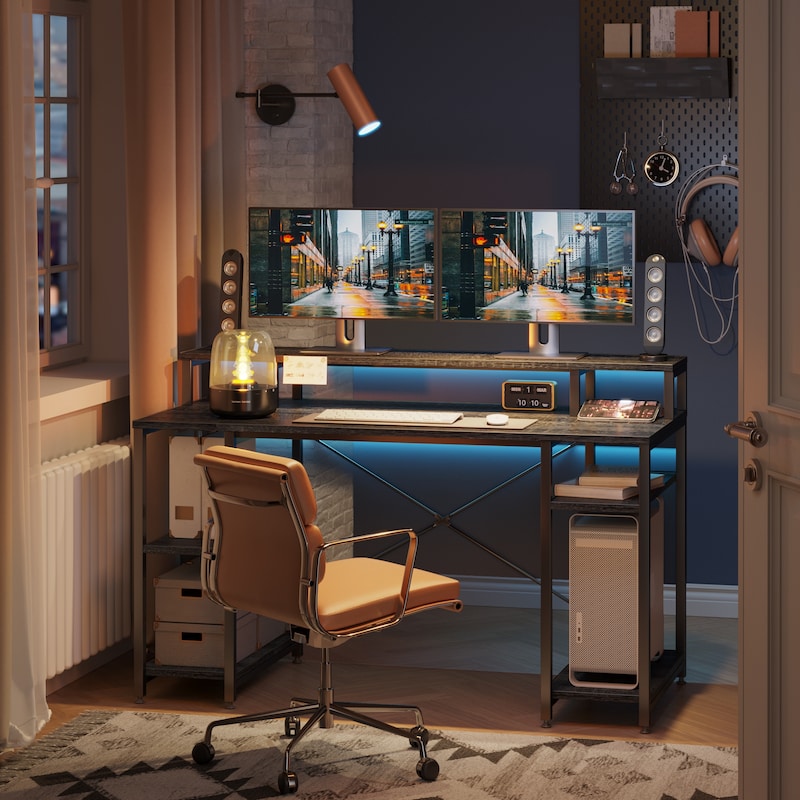55 Inch Dual Monitor Computer Desk with Adjustable Shelves