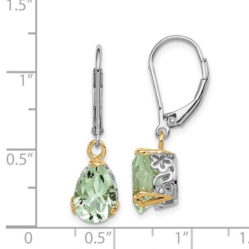 Curata 925 Sterling Silver and 14K Green Amethyst Leverback Earrings M28x8mm