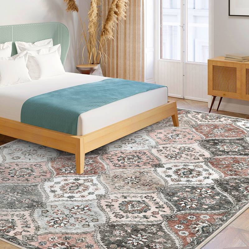 Rugs for Living Room Vintage Oriental Trellis Area Rug Soft Non Slip Low Pile Accent Rugs for Dining Room Office