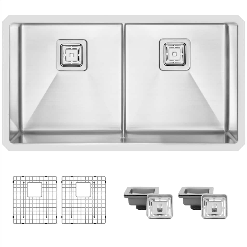 STYLISH 33 inches L x 18 inches W Stainless Steel Double Basin Undermount Kitchen Sink with Grids and Strainers