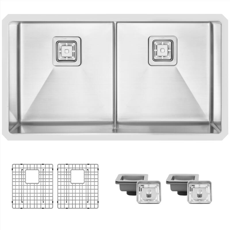 STYLISH 33 inches L x 18 inches W Stainless Steel Double Basin Undermount Kitchen Sink with Grids and Strainers