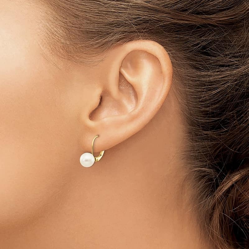 Curata 14k Yellow Gold 7 7.5mm Freshwater Cultured Pearl Leverback Earrings (17x7.5mm)
