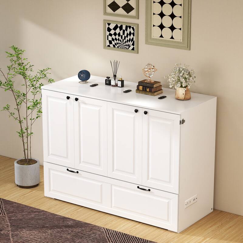 Murphy Bed Cabinet with Charging Port and Storage Drawer, White