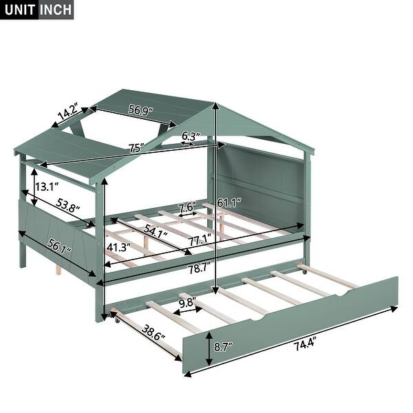 dimension image slide 5 of 6, Twin Size House Bed Wood Slats Platform Bed Creativity Kids Bed Frame with Skylight, Storage Shelf, Trundle Bed