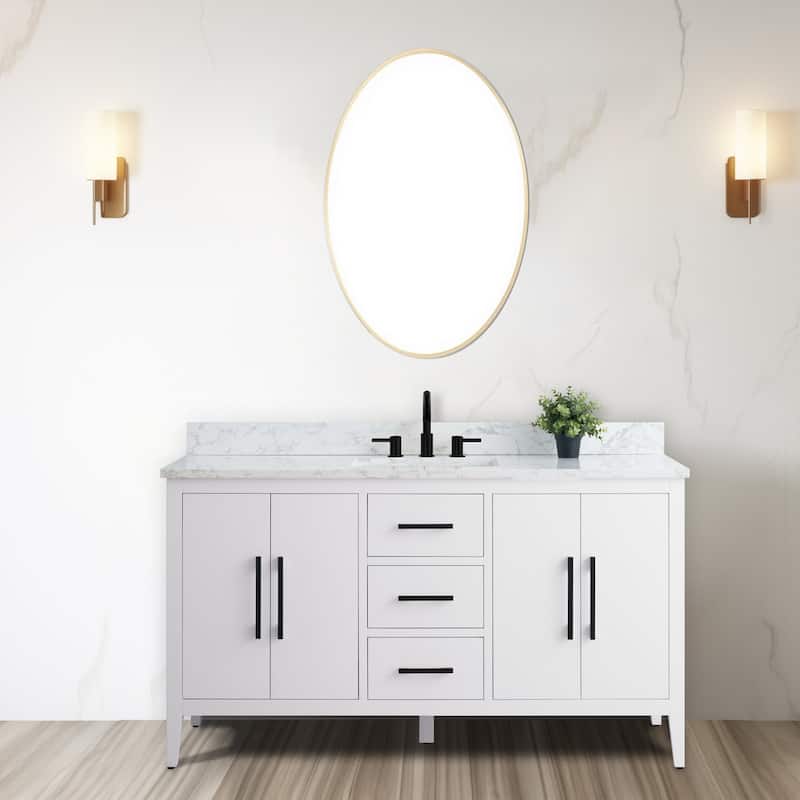 Vanity Art 60" Single Sink Bathroom Vanity Cabinet with Engineered Marble Countertop - 60"/Matte Black Handle - White