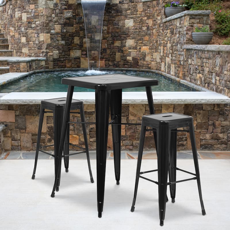 23.75-inch Square Metal Indoor-Outdoor Bar Table Set - 27.75"W x 27.75"D x 40"H - Black