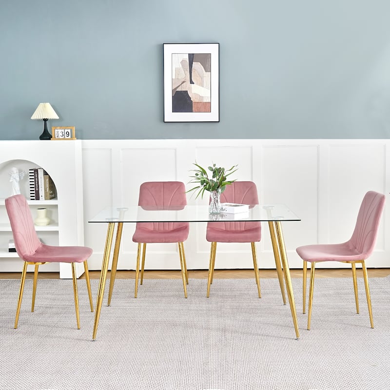 Modern Light Luxury Flannelette Dining Chair with Gold Metal Legs(set of 4) - Pink