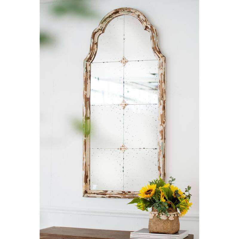 22" x 48" Large Cream & Gold Framed Wall Mirror, Wood Arched Mirror with Decorative Window Look for Living Room, Bathroom