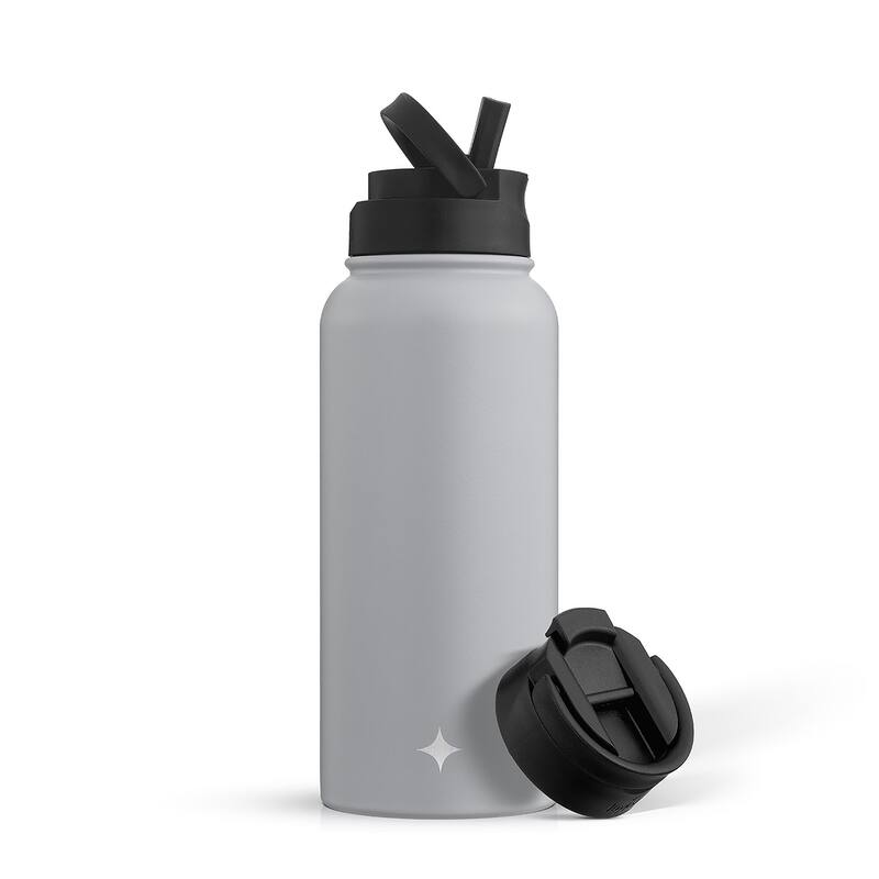 JoyJolt Vacuum Insulated Stainless Steel Water Bottle with Flip Lid & Sport Straw Lid - 32 oz - Grey