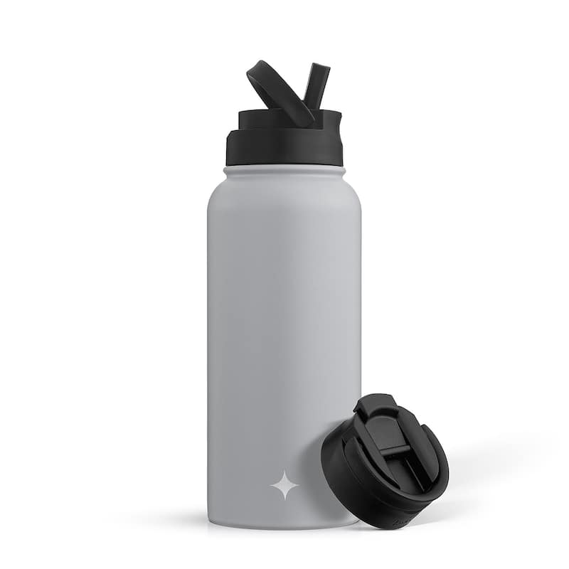 JoyJolt Vacuum Insulated Water Bottle with Flip Lid & Sport Straw Lid - 32 oz - Grey