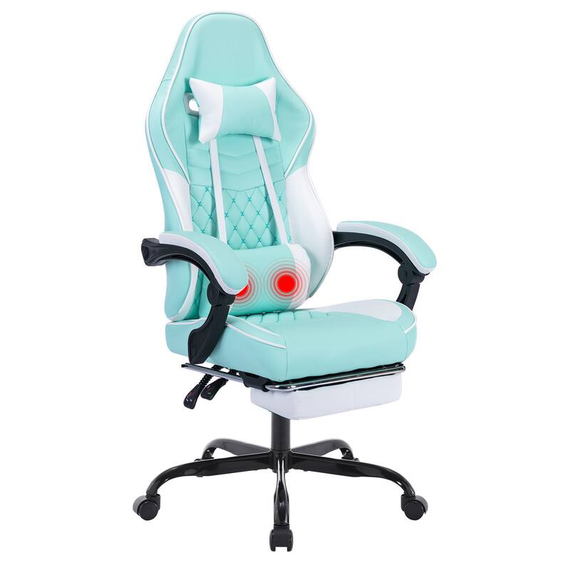 Ergonomic Video Gamer Chairs,Computer Gaming Chairs with Massage Lumbar Support and footrest,Computer Chair Adjustable Headrest - Green/White