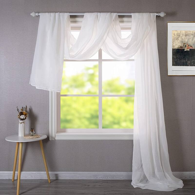 DriftAway Solid White Sheer Window Scarf Valance Long Luxury Sheer Fabric Topper Knife Edge