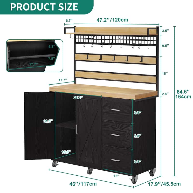 Moasis Rolling Kitchen Island Storage Shelf Mesh Panel with 3-Drawer Hooks Spice Rack Glass Holder