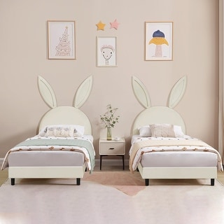 VECELO Wooden Cute Rabbit Twin Bed Frame with Upholstered Headboard, Kids Bed Frame Set of 2