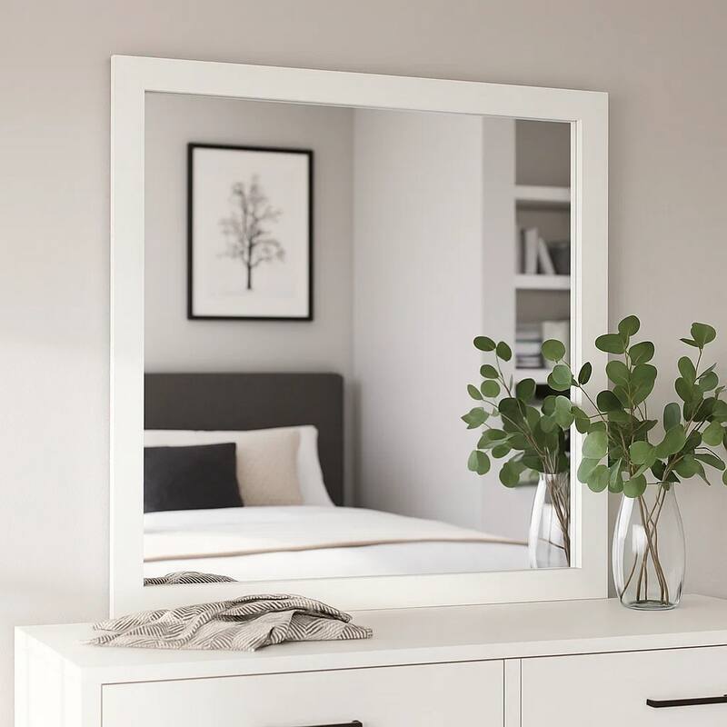 Dyl Dresser Mirror, Bevel Glass, White Wood Frame, 40 Inch Square