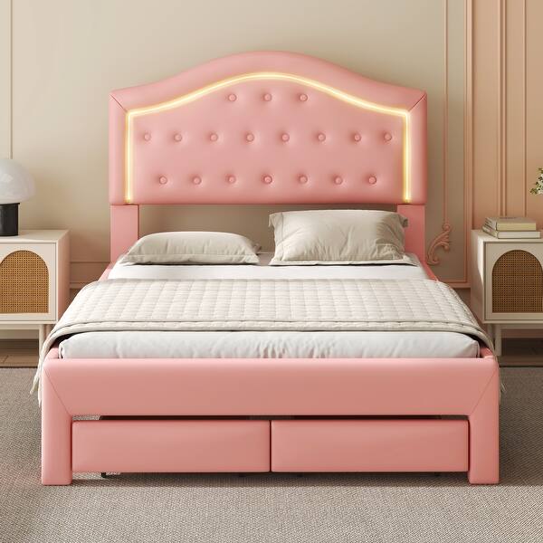 slide 2 of 14, Full-Size Upholstered Platform Bed with Seashell Headboard, LED Lights, 2 Storage Drawers and Wood Slat Support, Pink Pink
