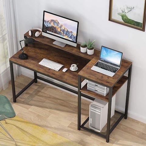 Computer Desk with Storage Shelves & Monitor Stand Wood and Steel