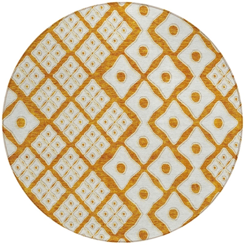 And Ivory Round Geometric Washable Indoor Outdoor Area Rug - 8' Round