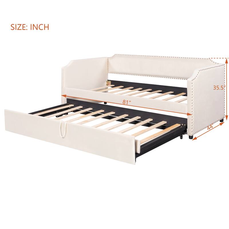 Extendable 2-in-1 Daybed Frame, Space-Saving Twin to King Design,Twin Size Velvet Upholstered Daybed with Pop Up Trundle