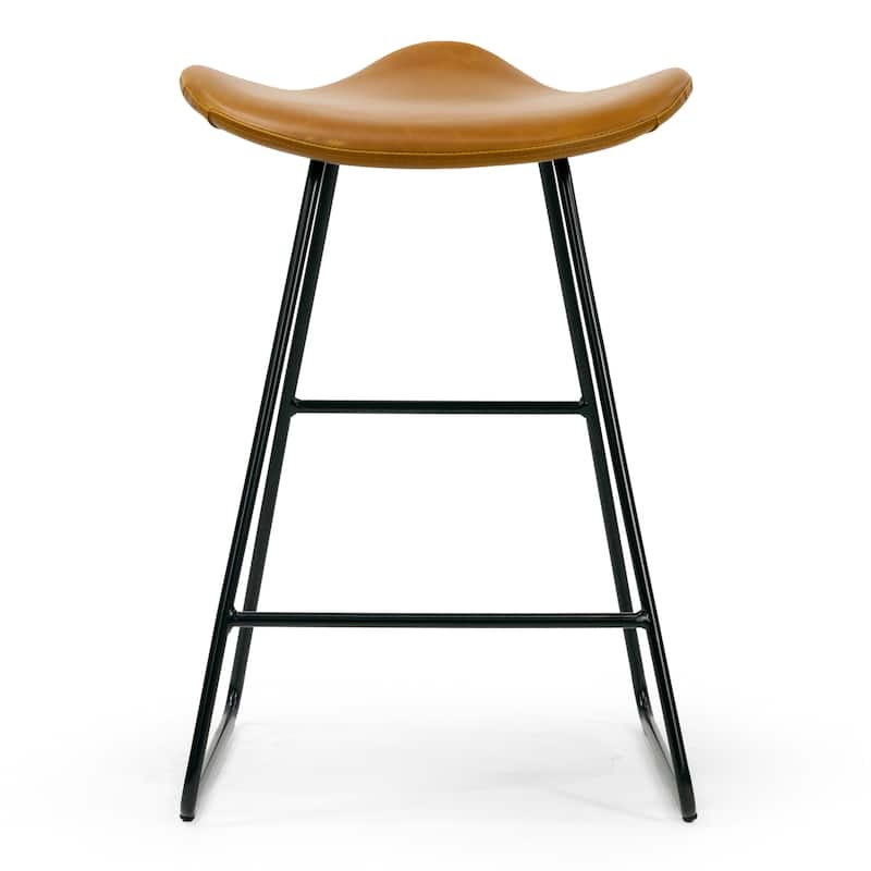 Set of 2 Aoi Brown Faux Leather Backless Counter Stool with Black Metal Legs