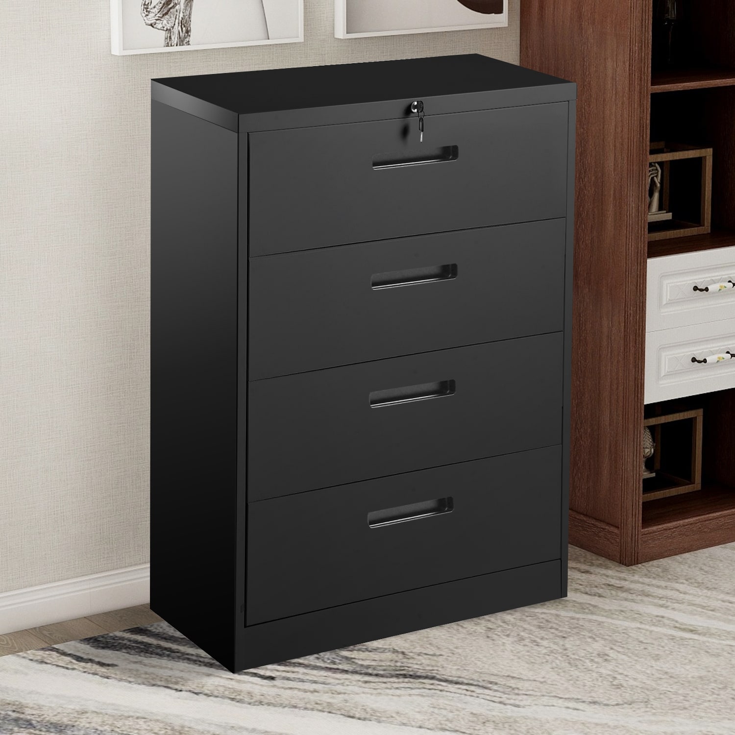 2 Drawers Black File Cabinet Metal Steel Lateral Side Filing Cabinet with Suspension Drawers Lock Anti-tilt Design for Home Office