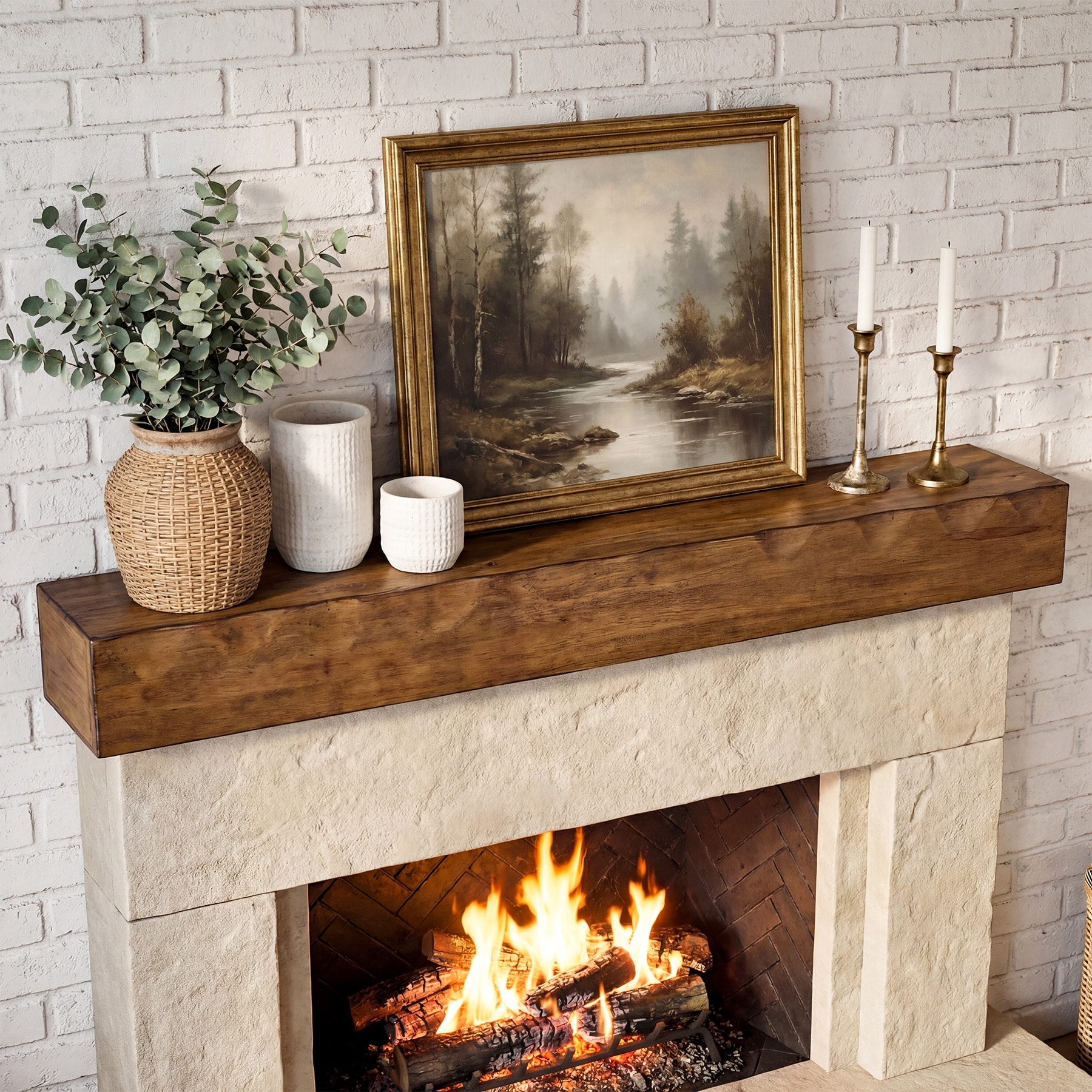 Solid Wood Fireplace Mantel Shelf, Rustic Wall-Mounted Floating Shelves