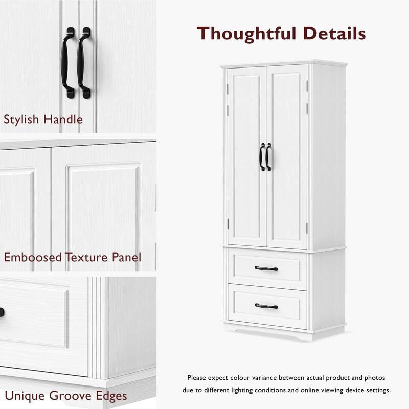 71" Farmhouse Pantry Cabinet - 2 Drawers + 8 Shelves, White & Textured