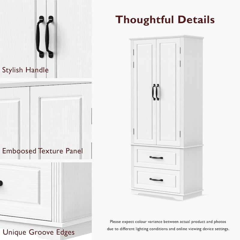 Rustic 71" Kitchen Pantry Cabinet with Embossed Texture, Adjustable Shelves, Drawers, and Door Storage