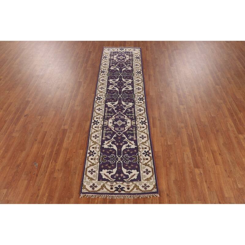 Purple Oushak Oriental Runner Rug Hand-Knotted Floral Wool Carpet - 2'6"x 9'9"