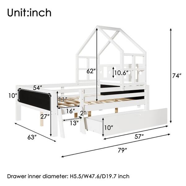 dimension image slide 1 of 2, Full Size House Bed with Ladder and Storage Drawers for Kid Bedroom,Solid Wood Platfrom Bedframe with 2 Blackboard Design